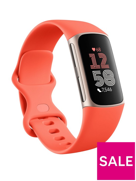 front image of fitbit-charge-6-coral-band-champagne-gold-aluminum-case