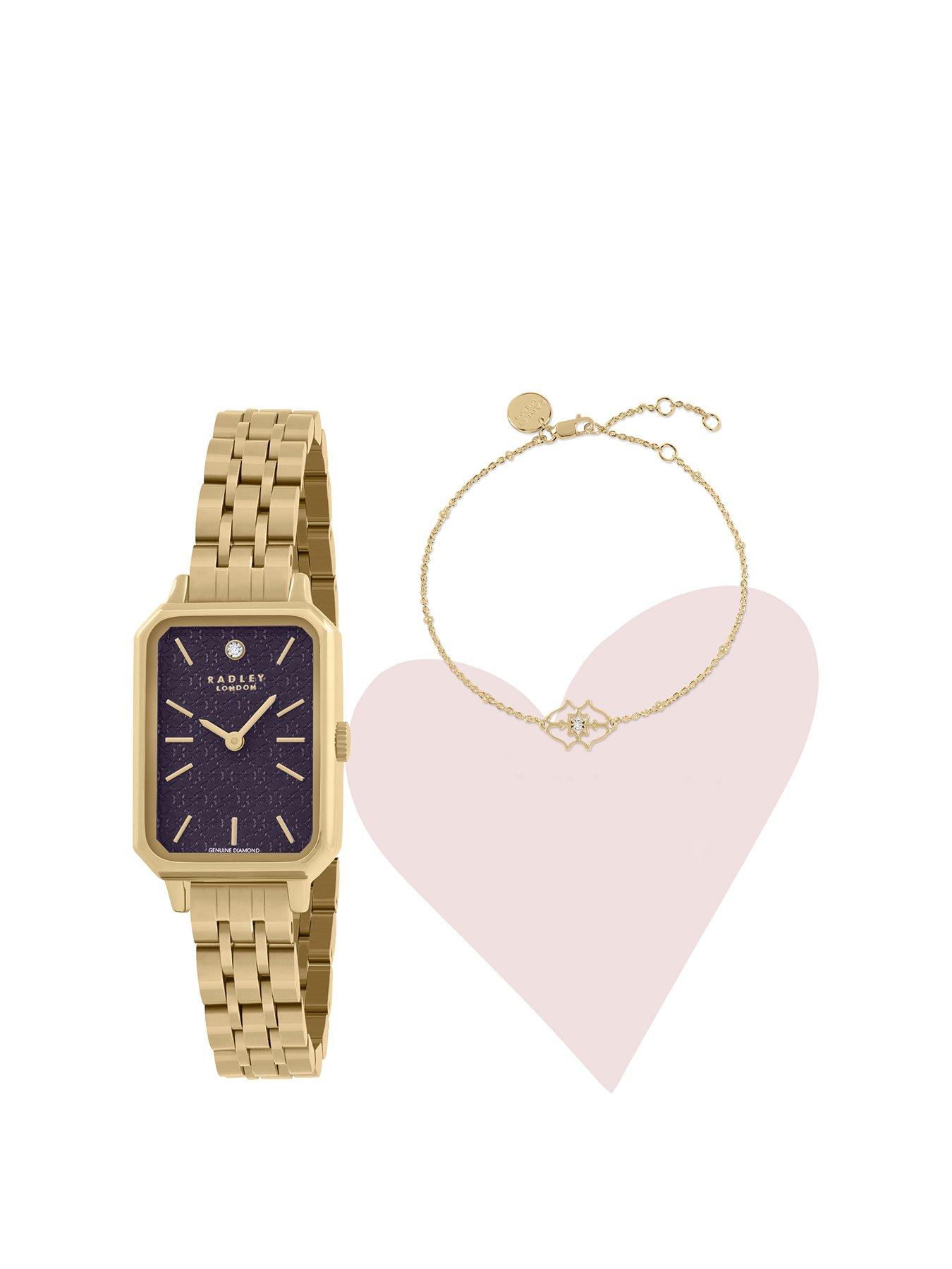 Product photograph of Radley Ladies Gold Plated Genuine Diamond Rectangular Watch And Bracelet Set from very.co.uk