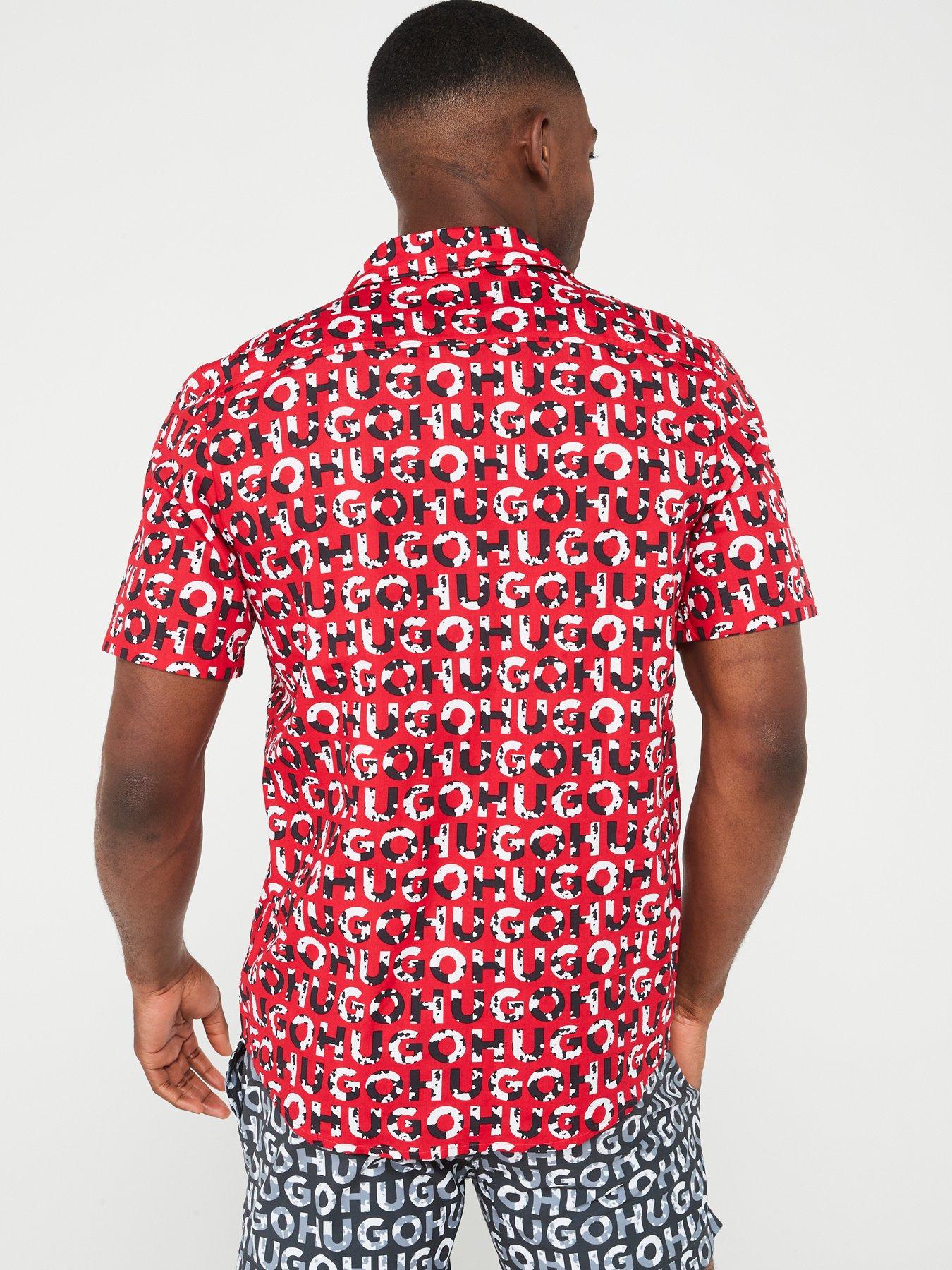 HUGO Ellino Relaxed Fit Printed Short Sleeve Shirt - Dark Pink | Very.co.uk