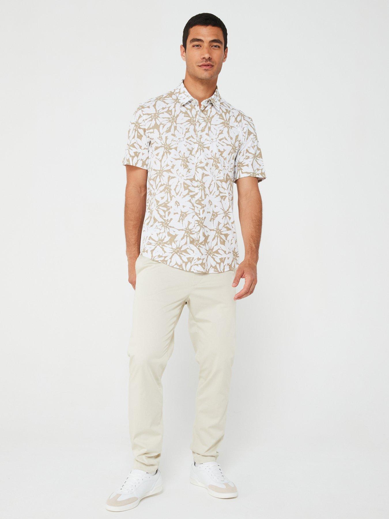 BOSS Roan Ken Slim Fit Printed Short Sleeve Shirt - White | Very.co.uk