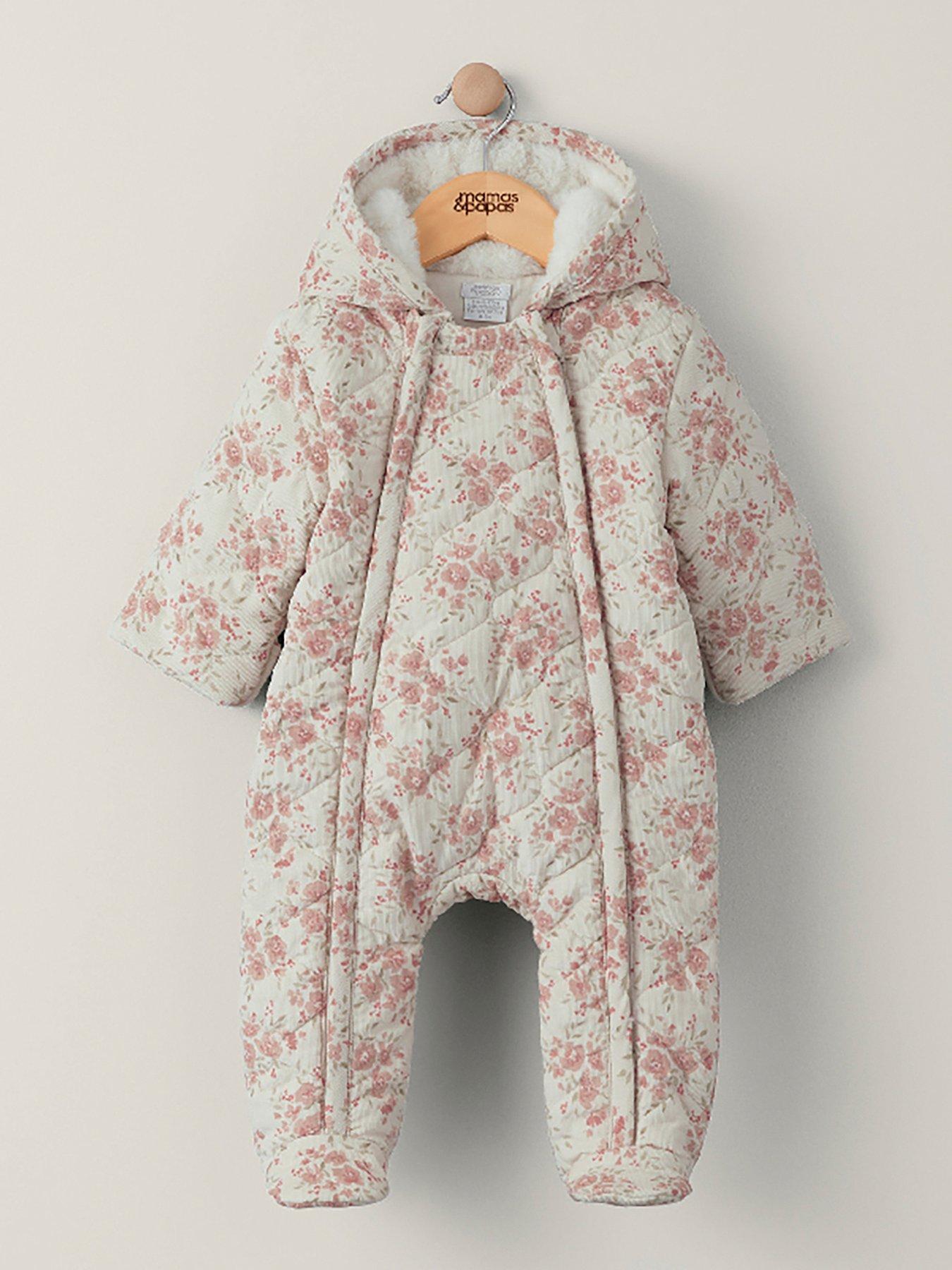 Mamas & Papas Baby Girls Neutral Printed Cord Quilted Pramsuit Cream
