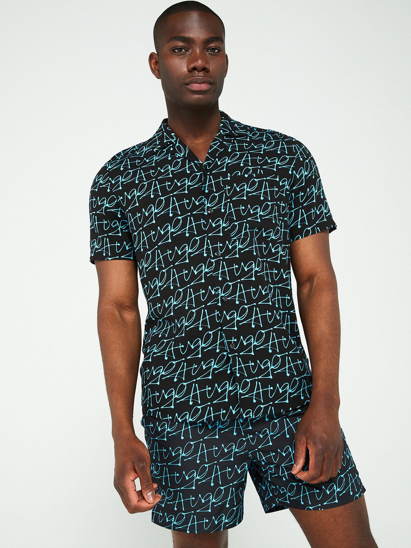 hugo ellino relaxed fit printed short sleeve shirt - aqua