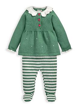 mamas & papas baby girls 2 piece christmas elf knitted top & leggings - green, green, size 3-6 months