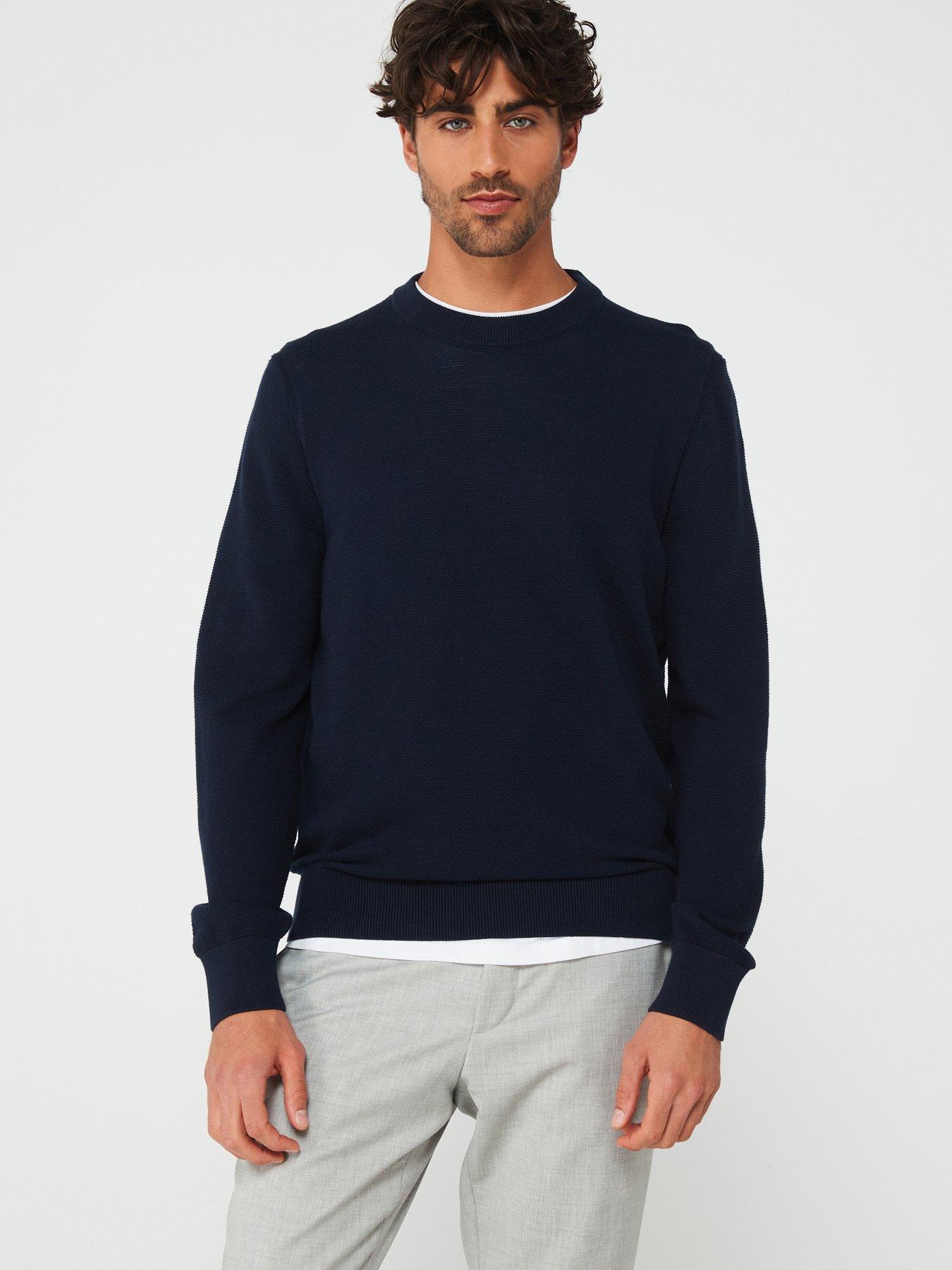 BOSS Ecaio Regular Fit Crew Neck Jumper - Dark Blue | Very.co.uk