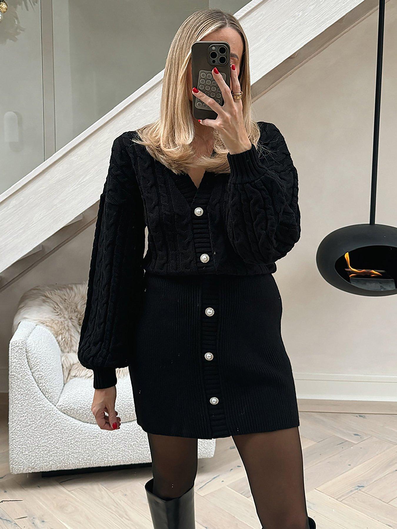 In The Style x Perrie Sian wrap detail volume sleeve skater dress in stone