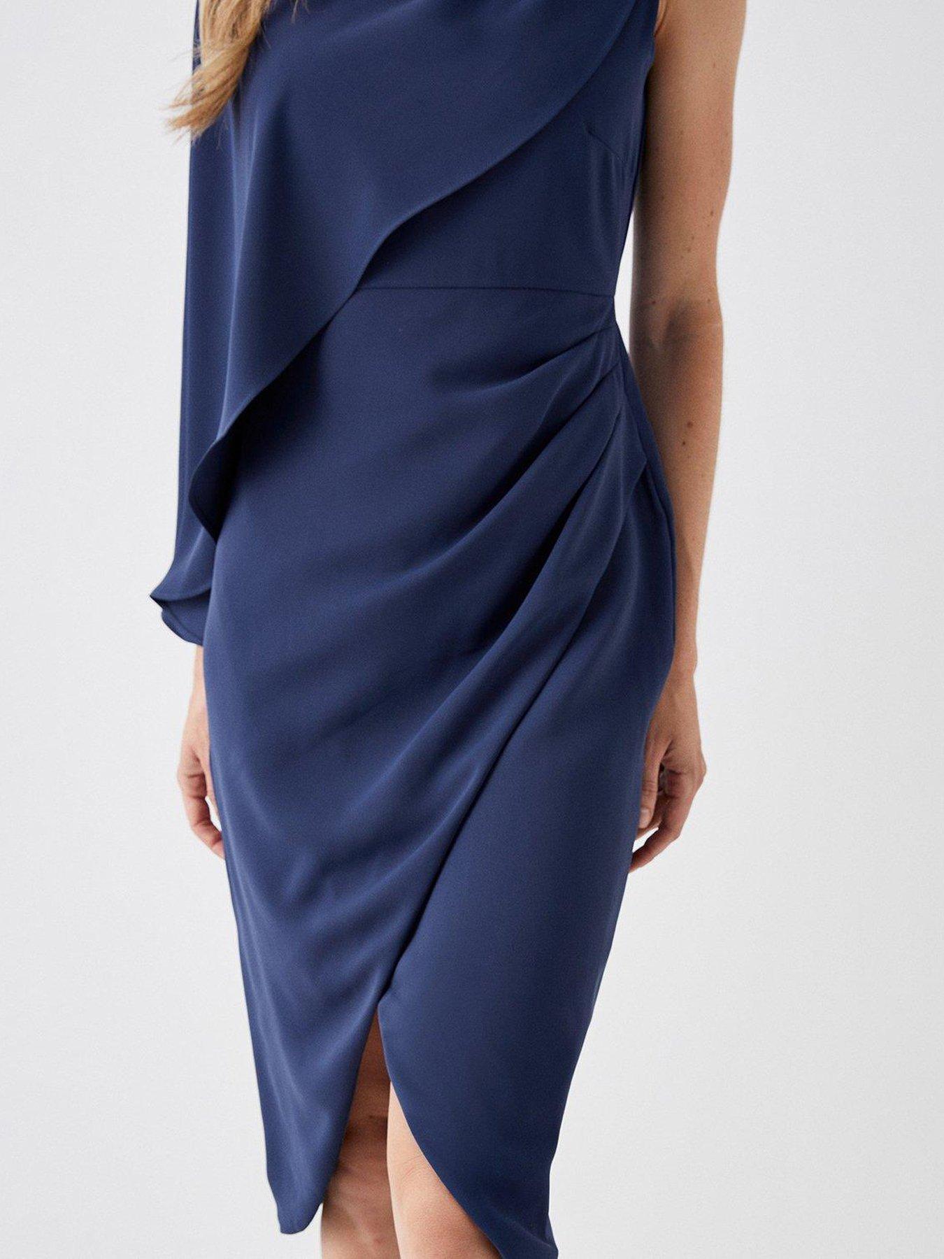 Asymmetric Cape Wrap Skirt Dress Navy