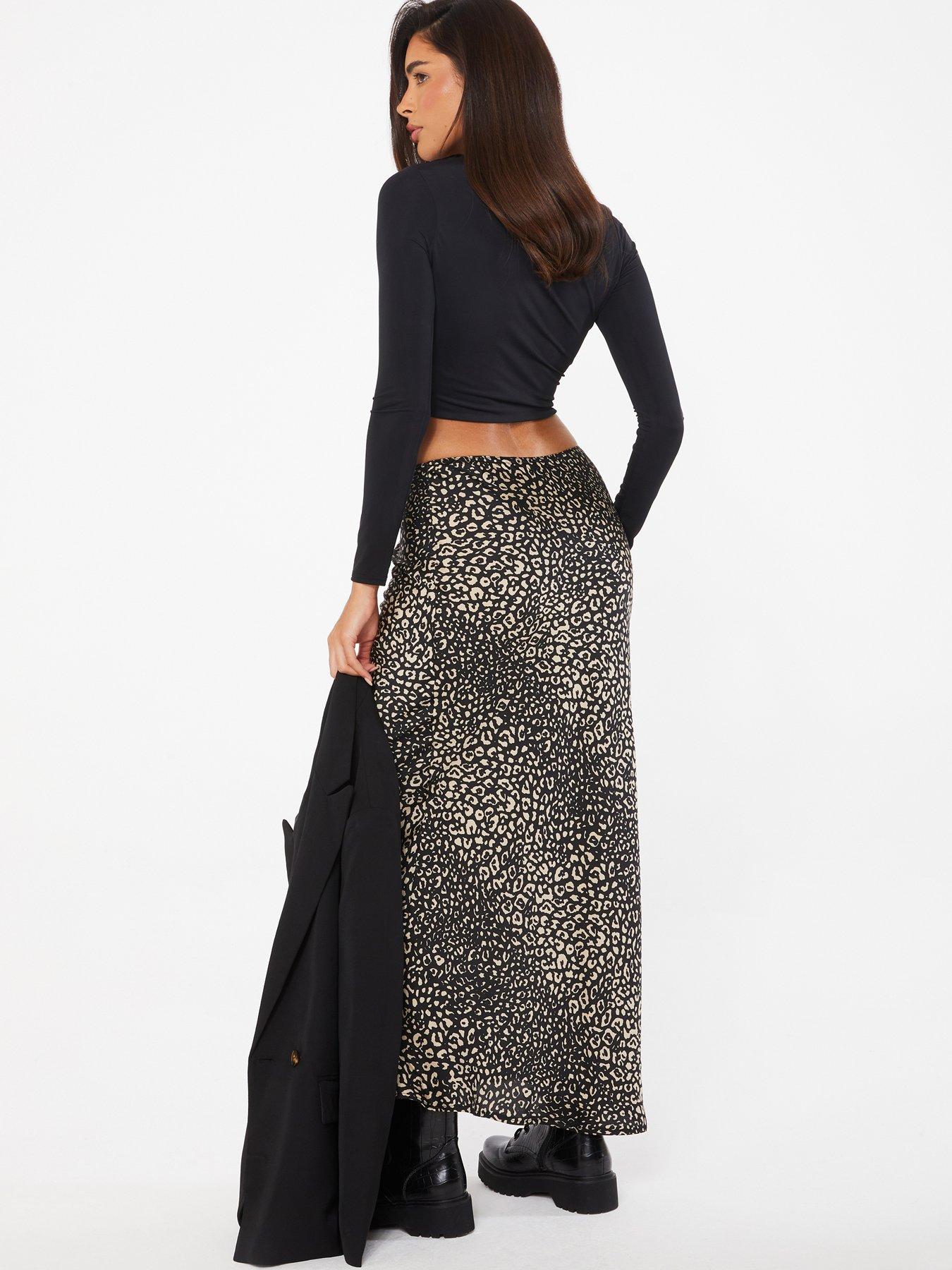 Quiz Black Satin Animal Print Midi Skirt