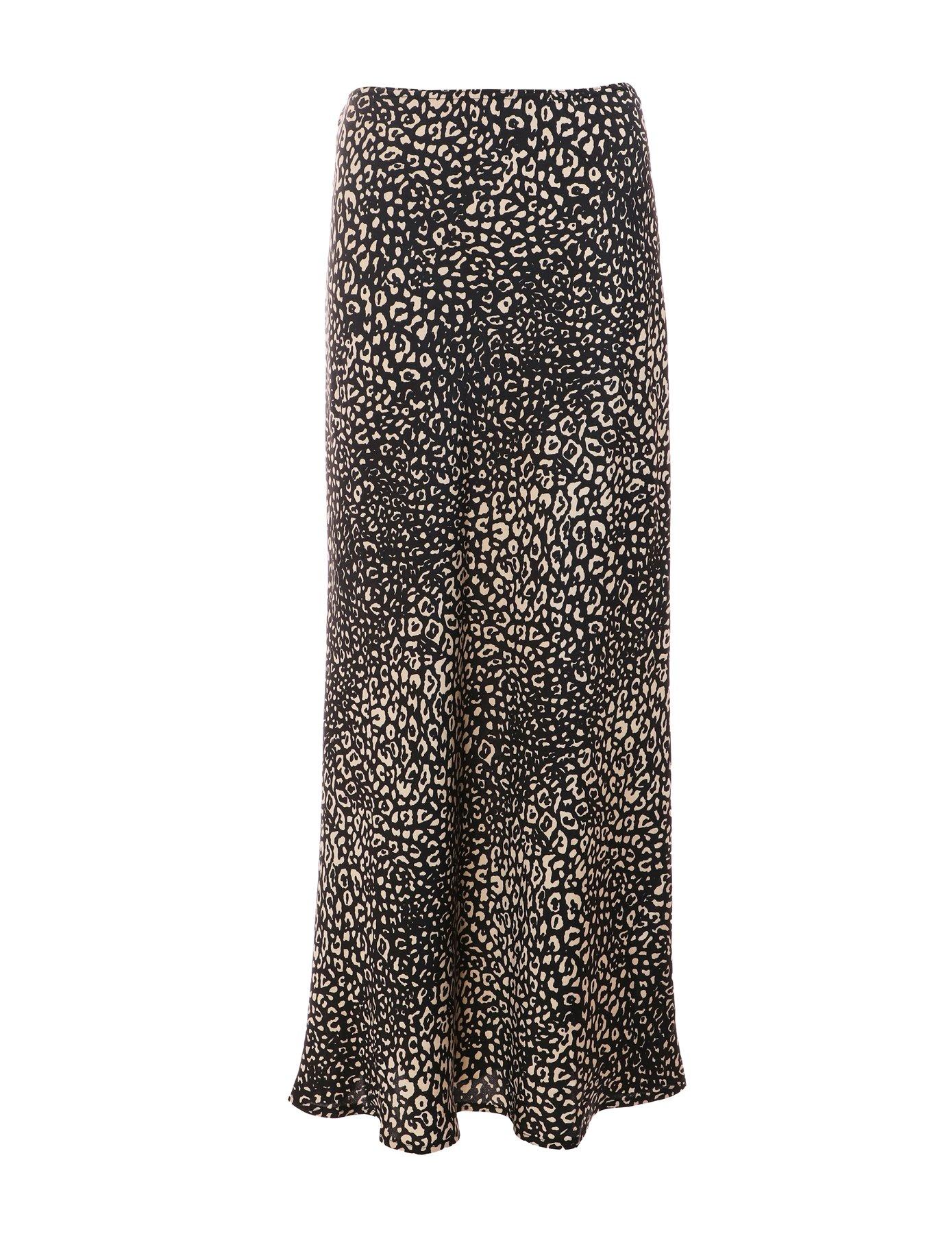 Quiz Black Satin Animal Print Midi Skirt