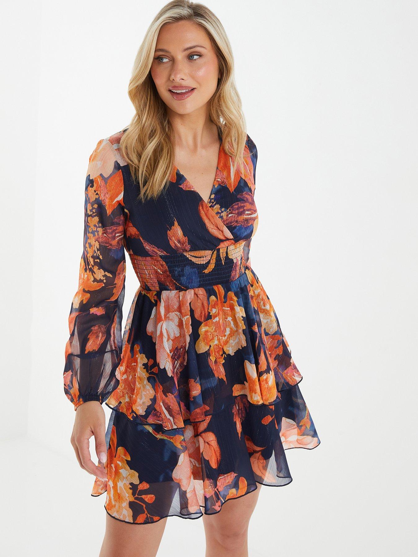 Quiz Orange Chiffon Floral Tiered Skater Mini Dress Very - Main Image
