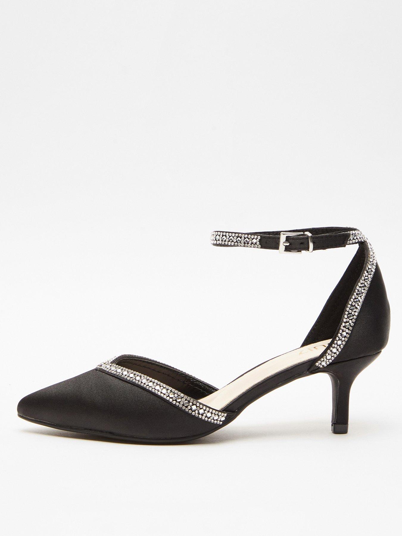 Black Satin Diamante Low Court Heels