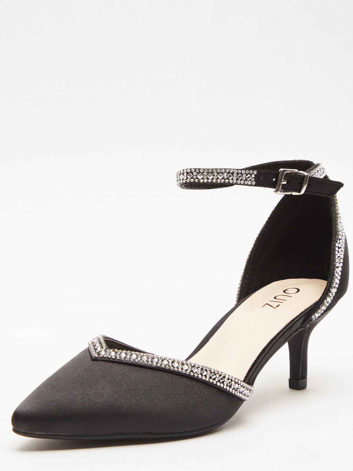 Black Satin Diamante Low Court Heels