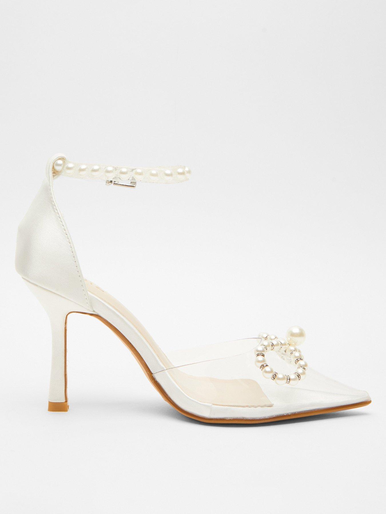 Quiz White Satin Clear Pearl Bow Court Heels | Very.co.uk