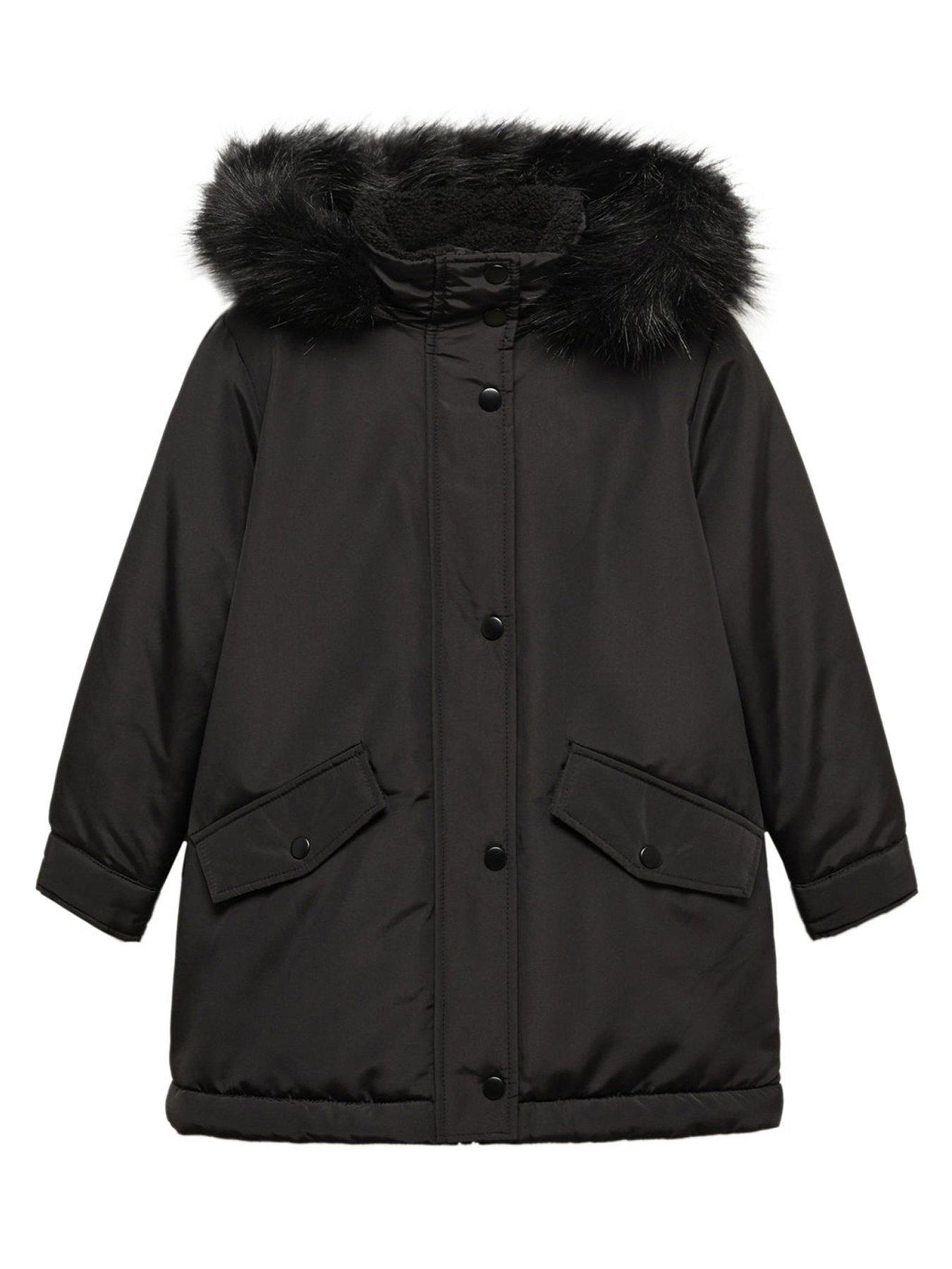 Mango Girls Faux Fur Trim Hooded Parka - Black | Very.co.uk