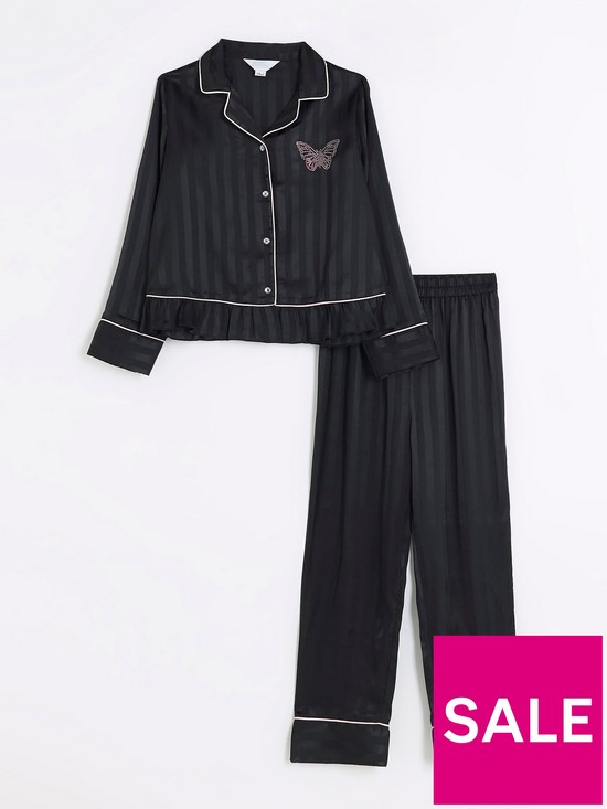front image of river-island-girls-satin-long-sleeve-pyjama-set-black