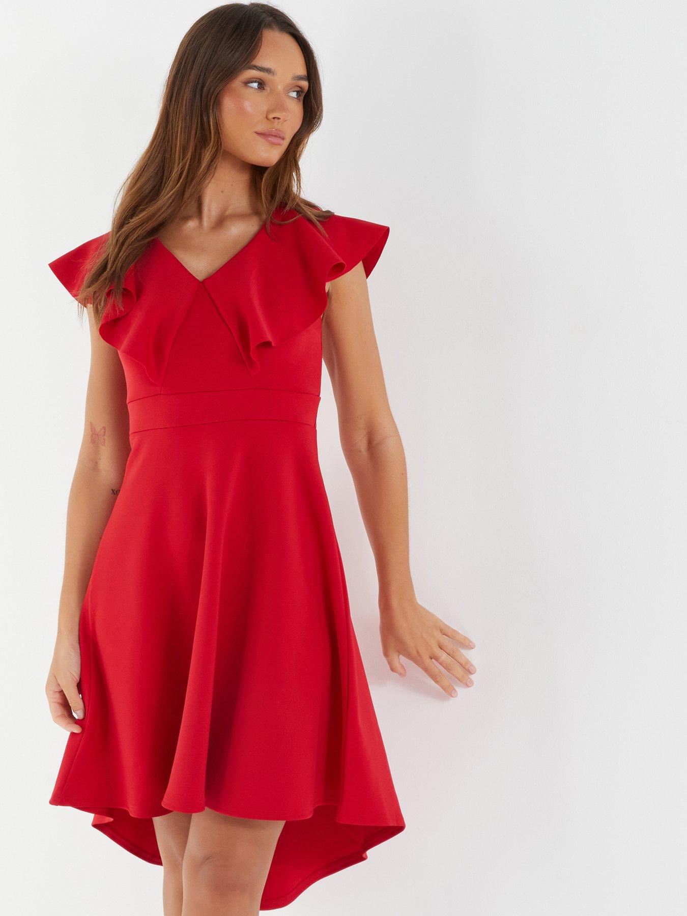 Quiz Red Frill Dip Hem Midi Dress