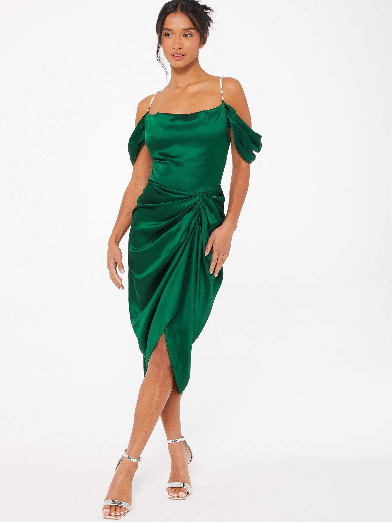 Rare London ruched satin mini dress with high neck in emerald