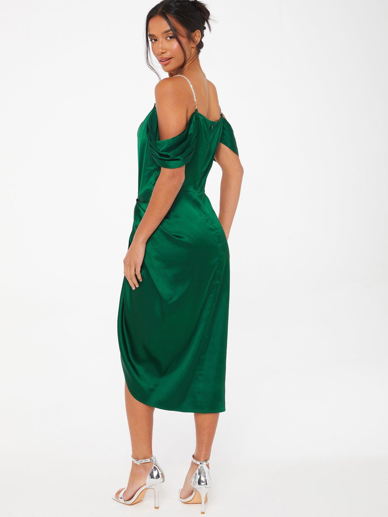 Quiz Petite Green Satin Ruched Cold Shoulder Midi Dress