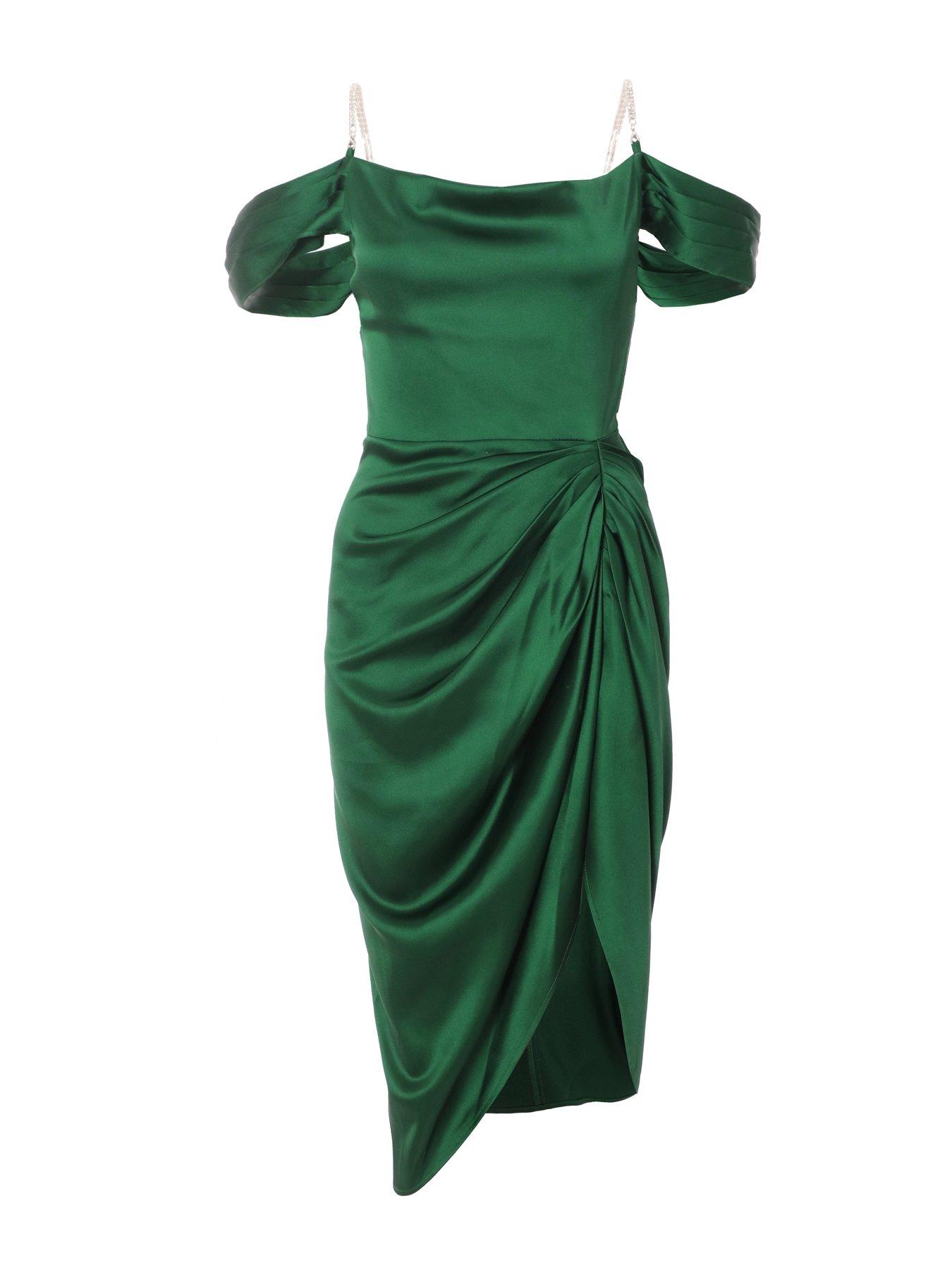 Quiz Petite Green Satin Ruched Cold Shoulder Midi Dress Very