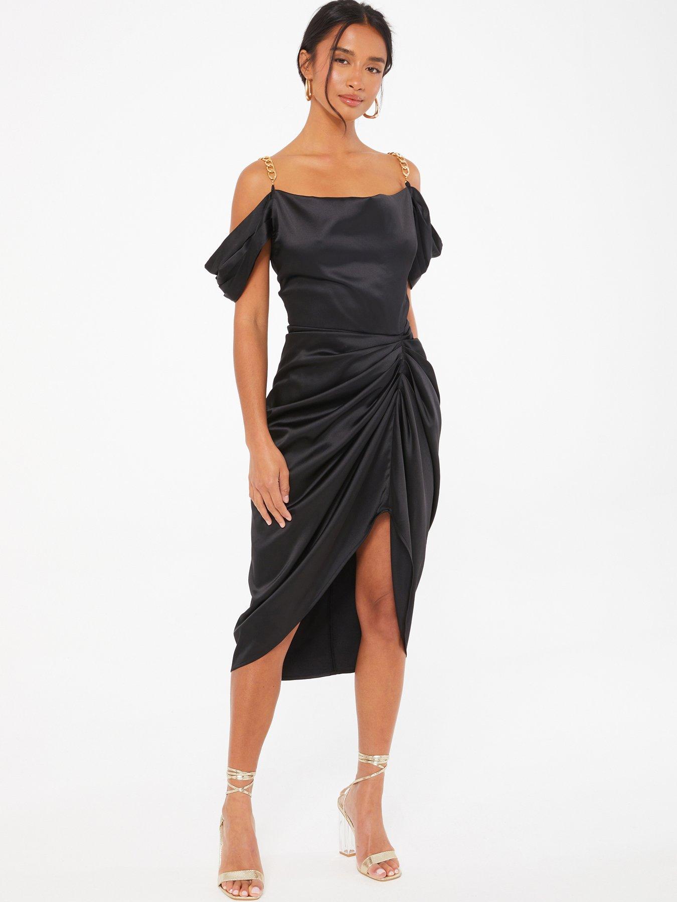 Black ruched cold on sale shoulder midi dress