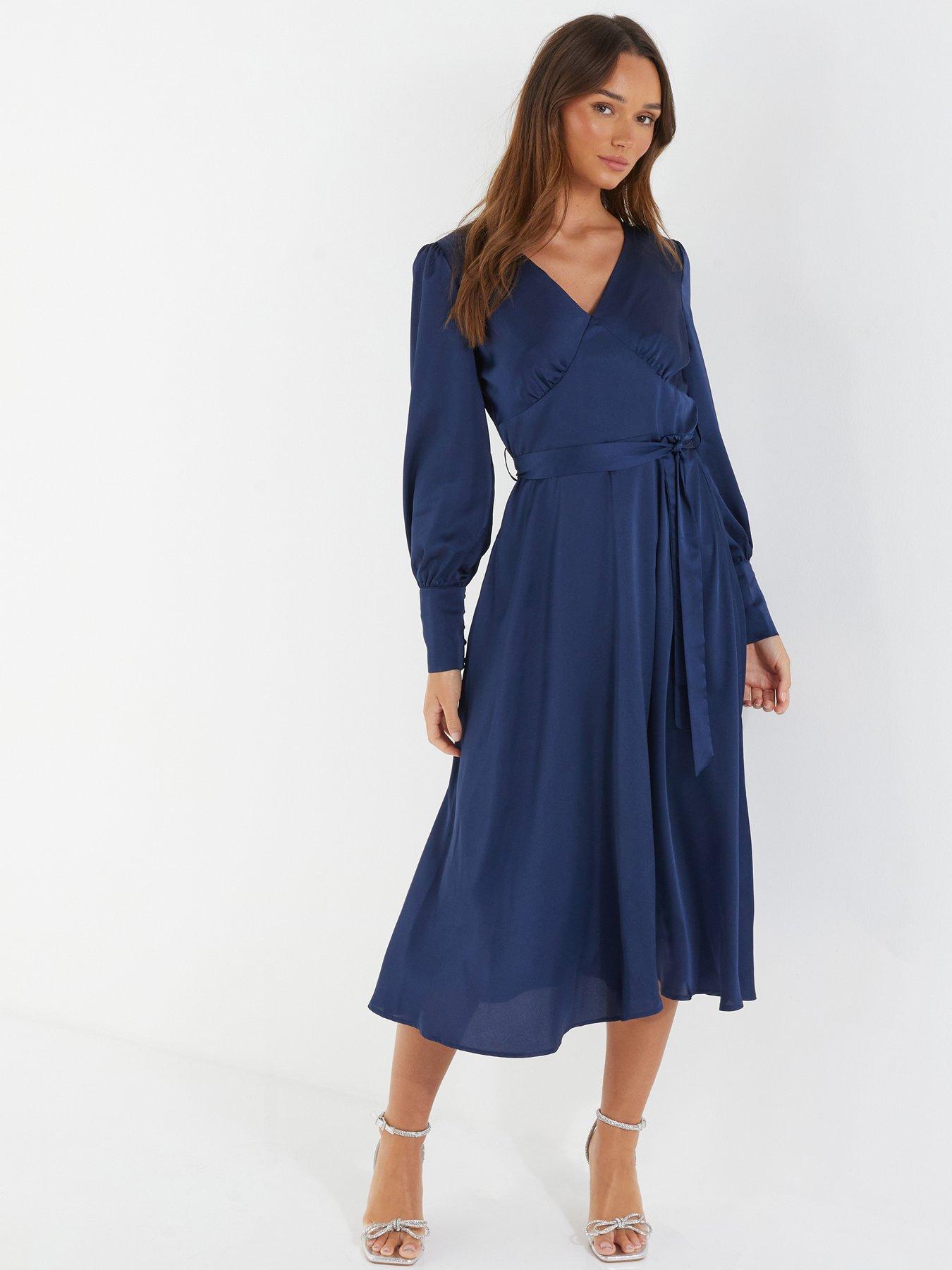 Quiz Navy Satin Long Sleeve Wrap Midi Dress | very.co.uk