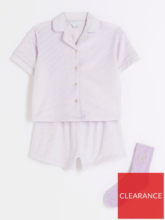 front image of river-island-girls-stripe-foil-velour-pyjama-set-purple