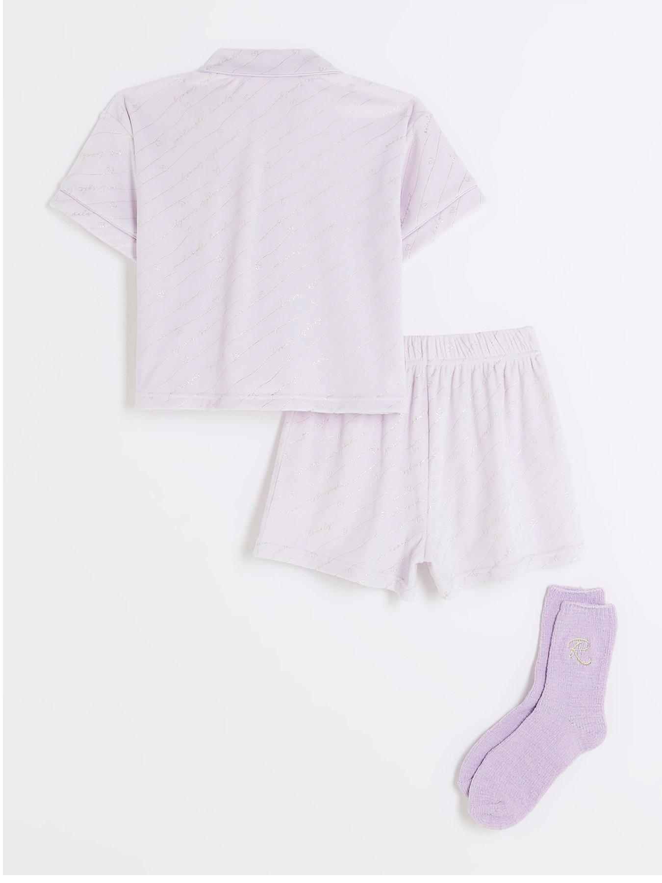 River Island Girls Stripe Foil Velour Pyjama Set Purple very.co.uk