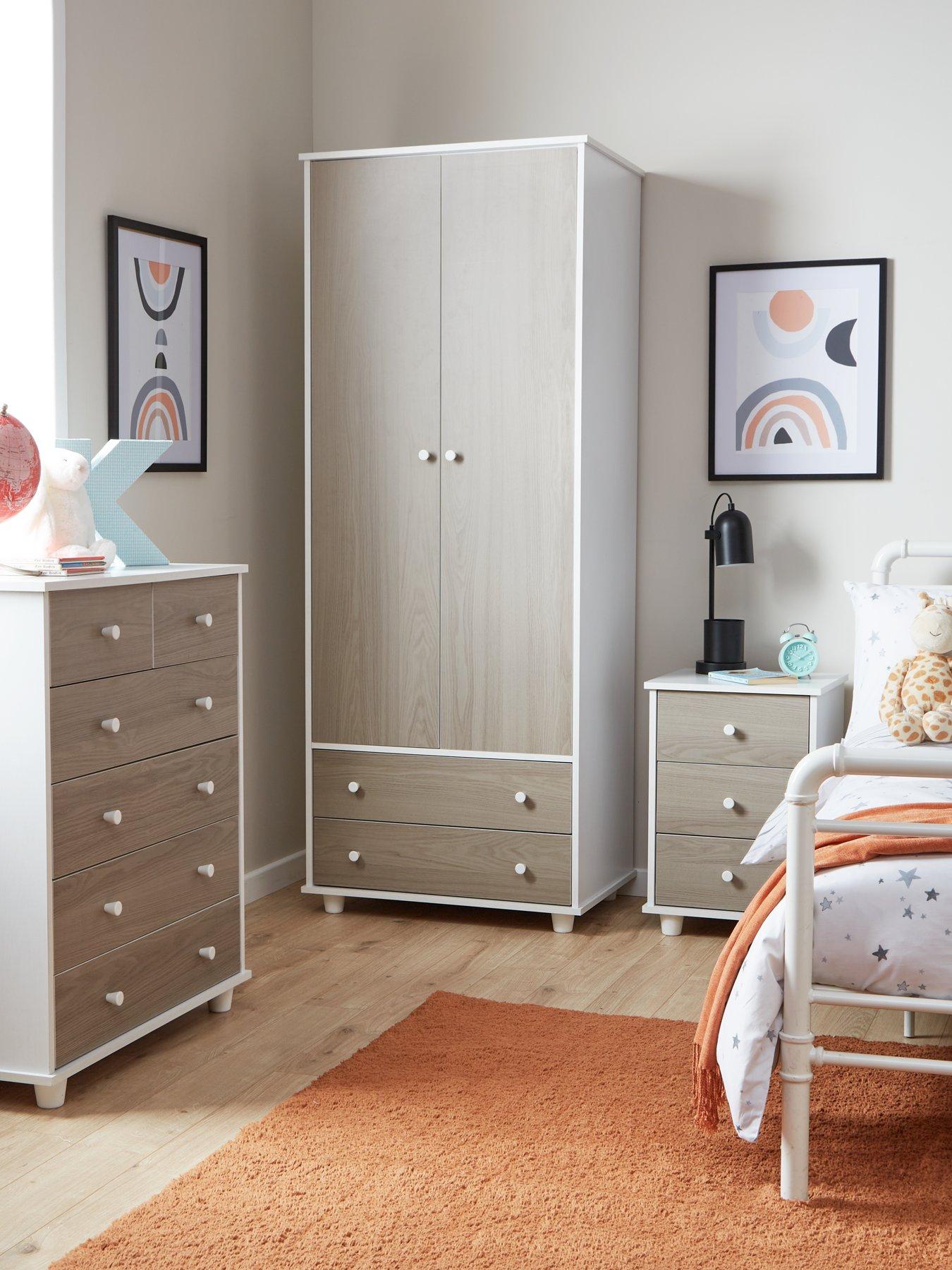 undefined Miami Fresh Kids 3 Piece Package - 2 Door, 2 Drawer Wardrobe, 5 Drawer Chest, 3 Drawer Bedside Chest - White/Grey Oak
