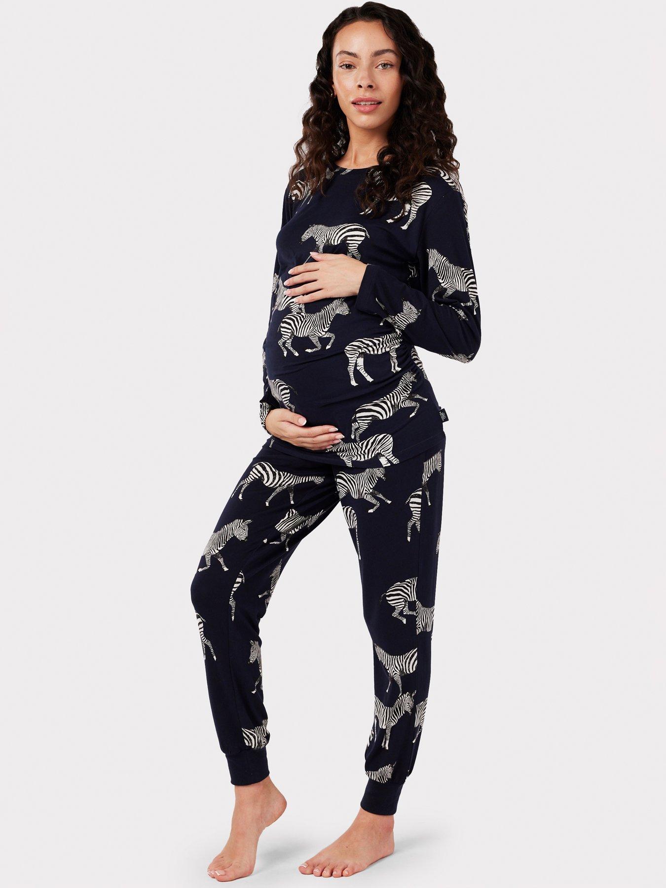 CHELSEA PEERS Maternity Navy Zebra Print Crewneck Long Pyjama Set
