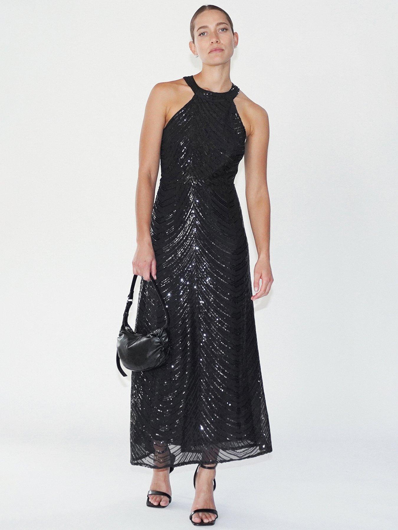 Halterneck Beaded Sequin Midi Maxi Dress Black