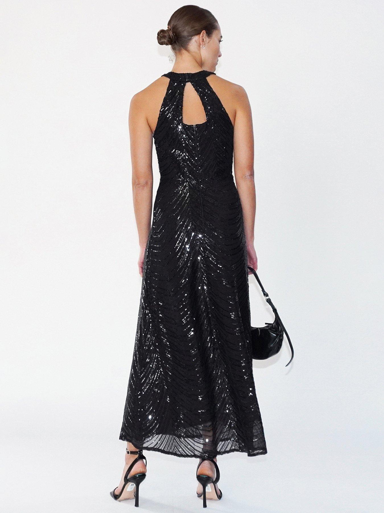 Halterneck Beaded Sequin Midi Maxi Dress Black