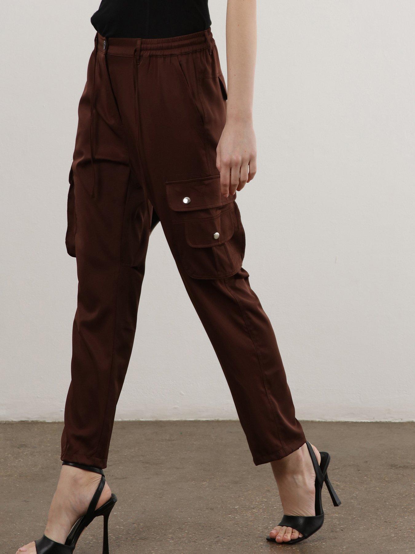 undefined Slim Leg Chocolate Cargo Trouser With Drawstring Details - Brown