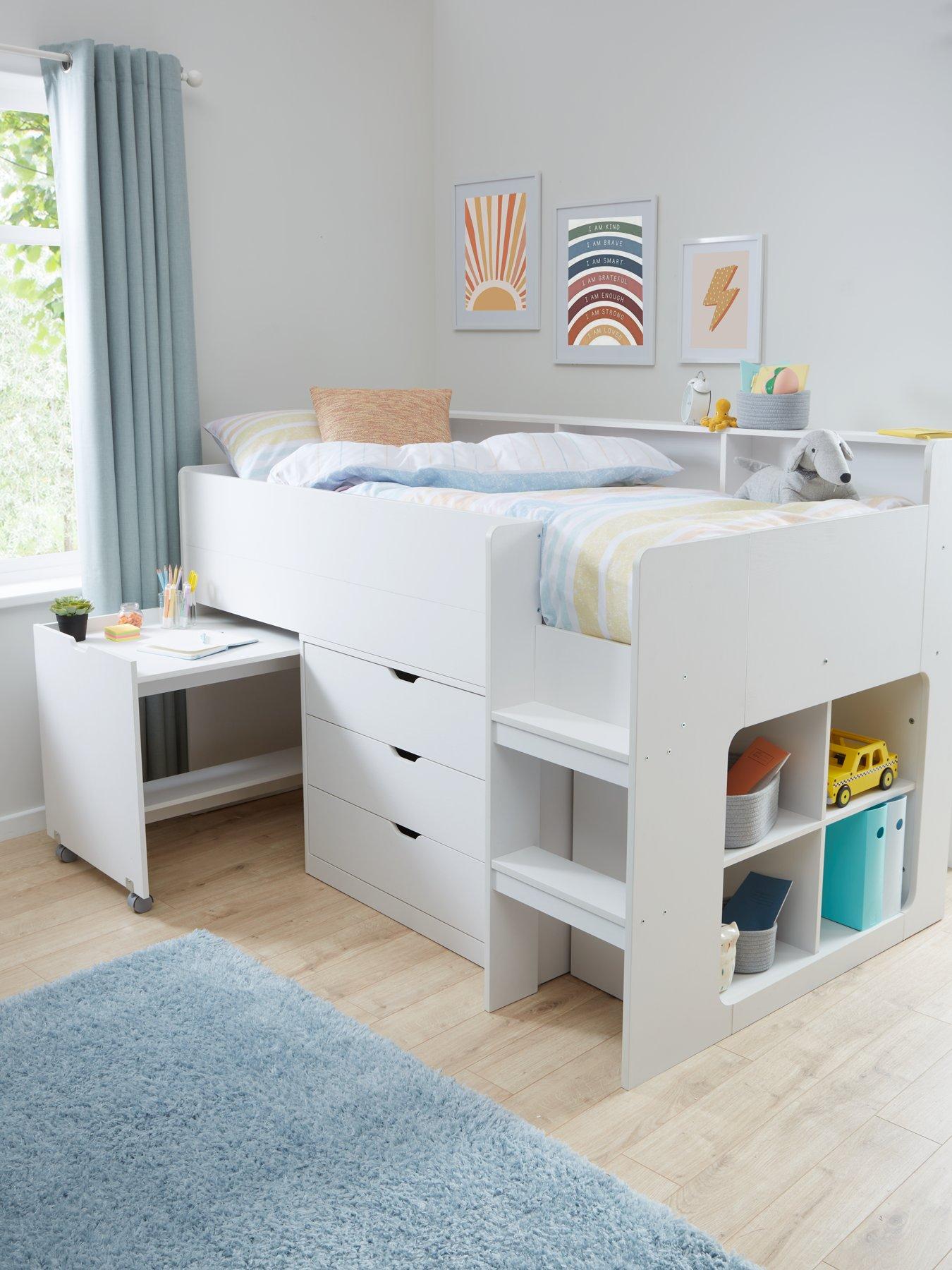 The Very Collection Aspen Mid Sleeper Bed Frame with Desk, Drawers and Shelves plus Mattress Options (Buy and SAVE!)  - White Oak Effect