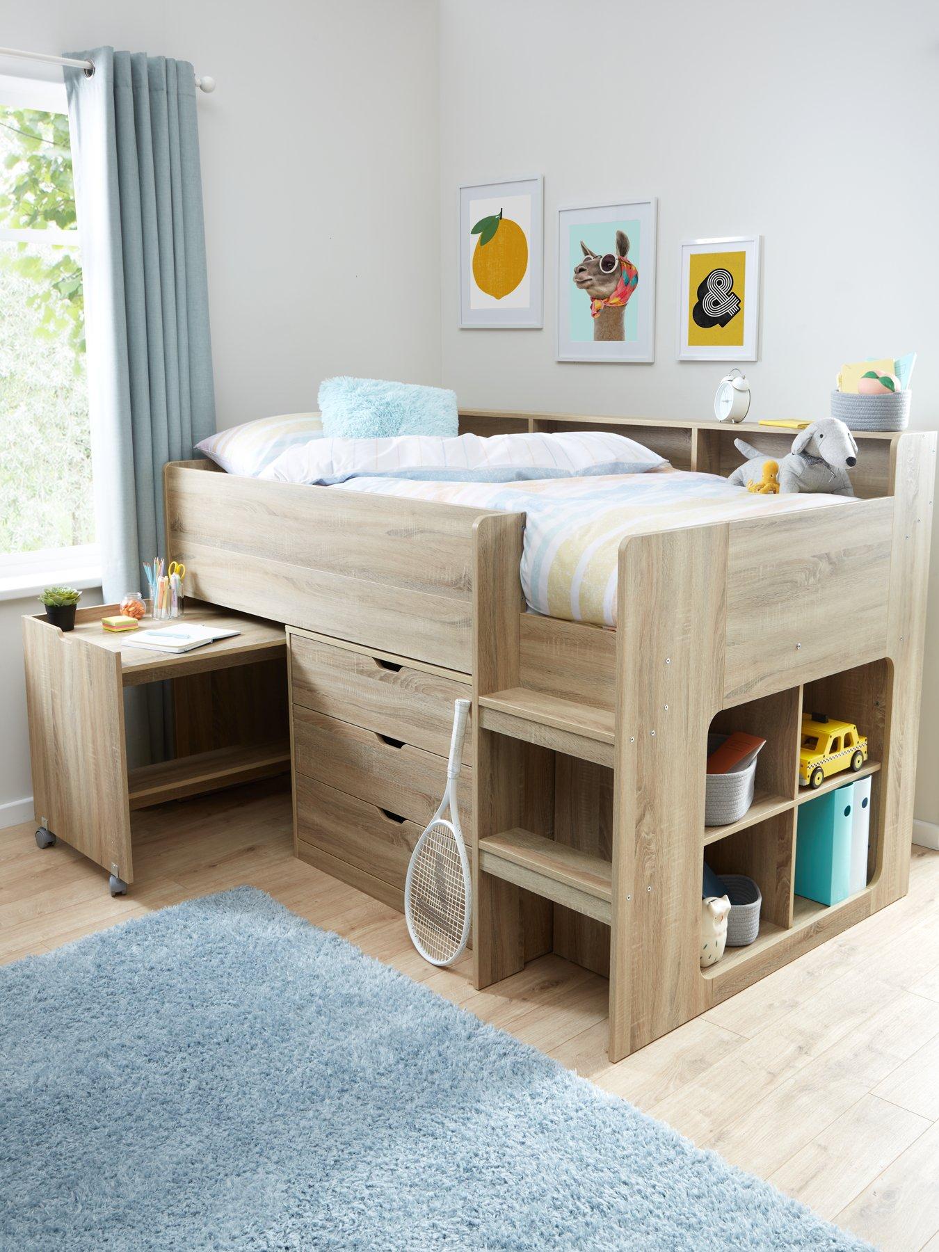 Very Home Aspen Mid Sleeper Bed Frame With Desk, Drawers And Shelves Plus Mattress Options (Buy And Save!) - Natural - Bed Frame With Premium Mattress