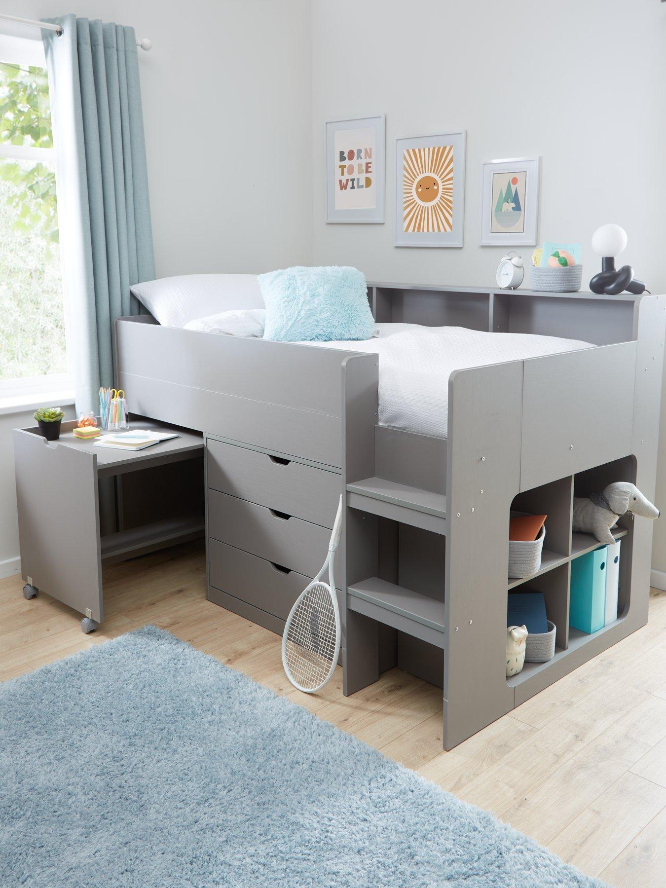 Very Home Aspen Mid Sleeper Bed Frame with Desk, Drawers and Shelves plus Mattress Options (Buy and SAVE!) - Grey Oak Effect