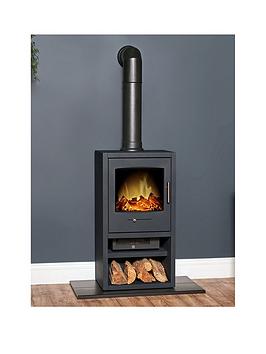 Adam Fires & Fireplaces Adam Bergen Xl Electric Stove In Charcoal Grey With Tall Angled Stove Pipe In Black