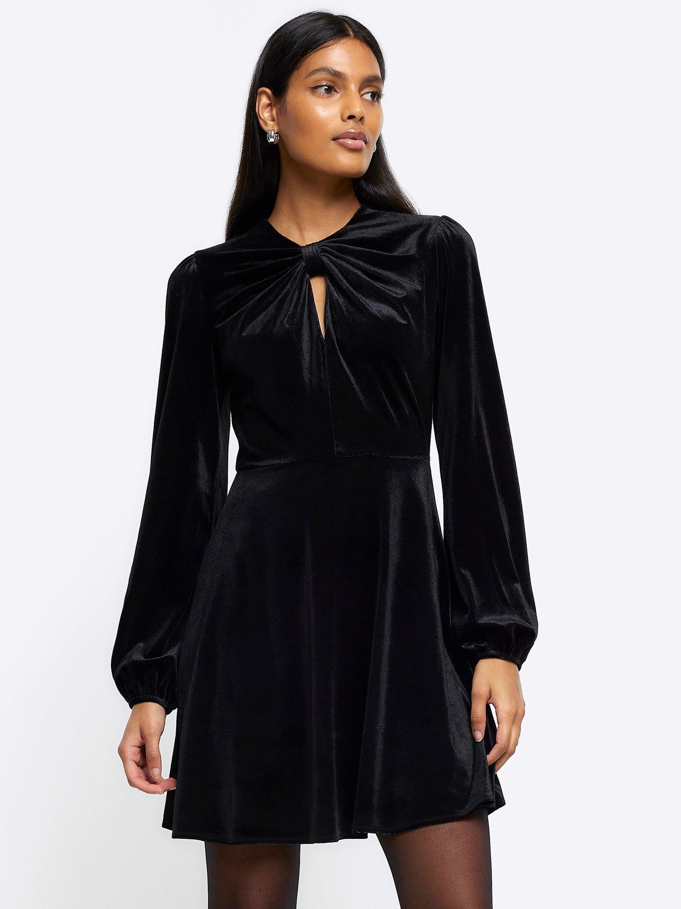 River Island Bow Detail Velvet Mini Dress - Black | Very.co.uk