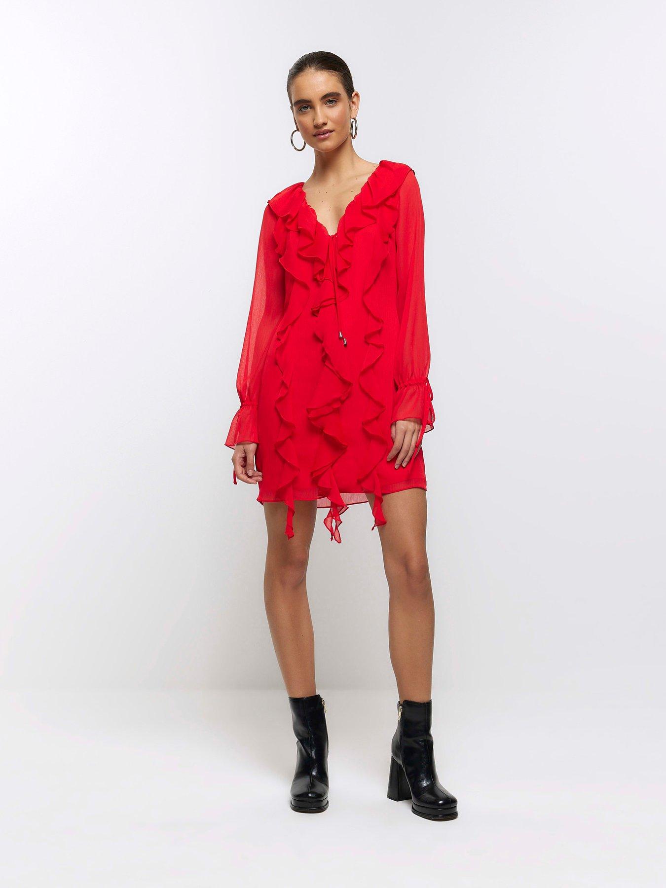 River Island Frill Detail Mini Dress - Red | Very.co.uk