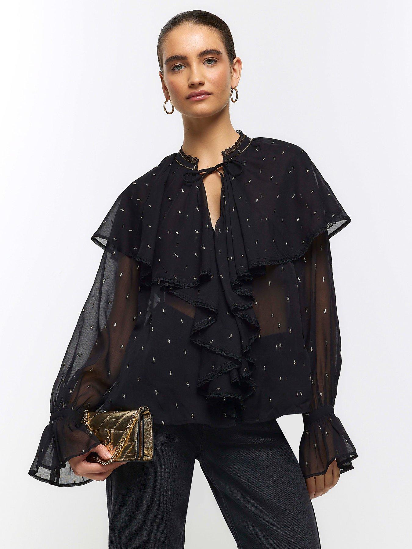 River Island Lurex Frill Detail Blouse - Black | very.co.uk