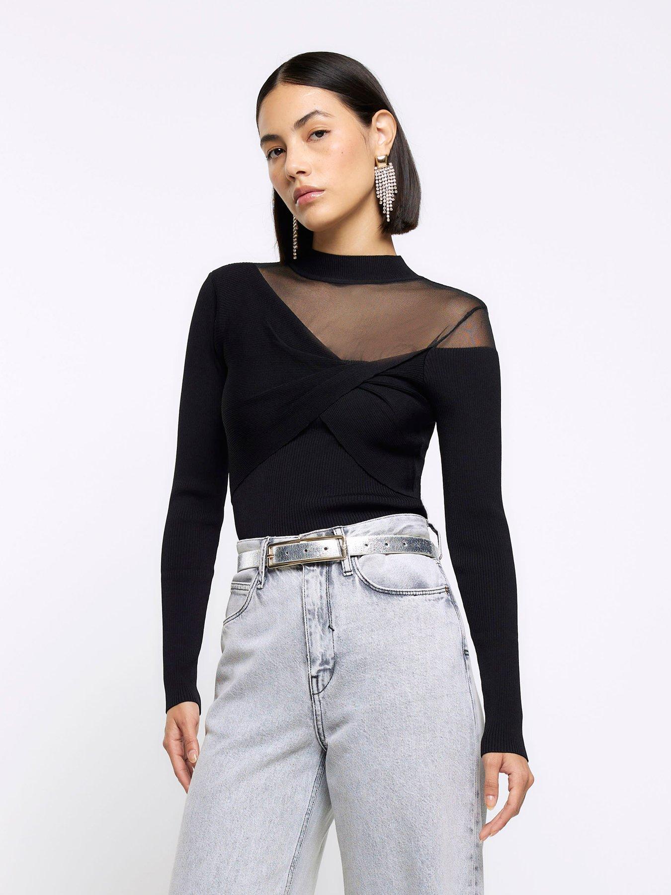 River Island high neck mesh puff sleeve top in black