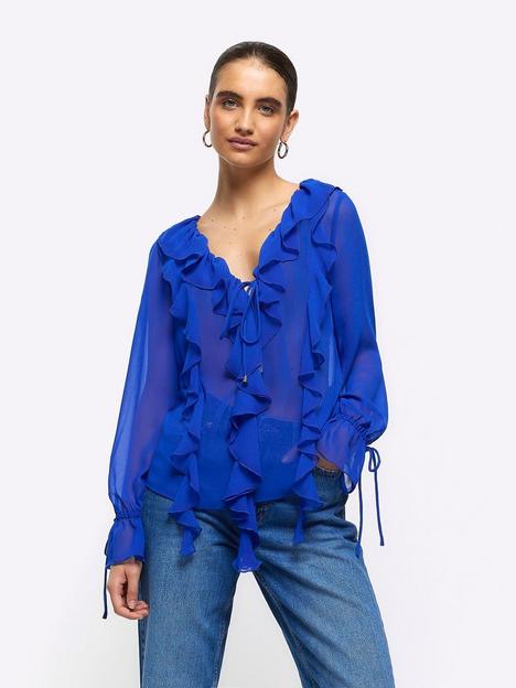 river-island-frill-detail-blouse-bright-blue
