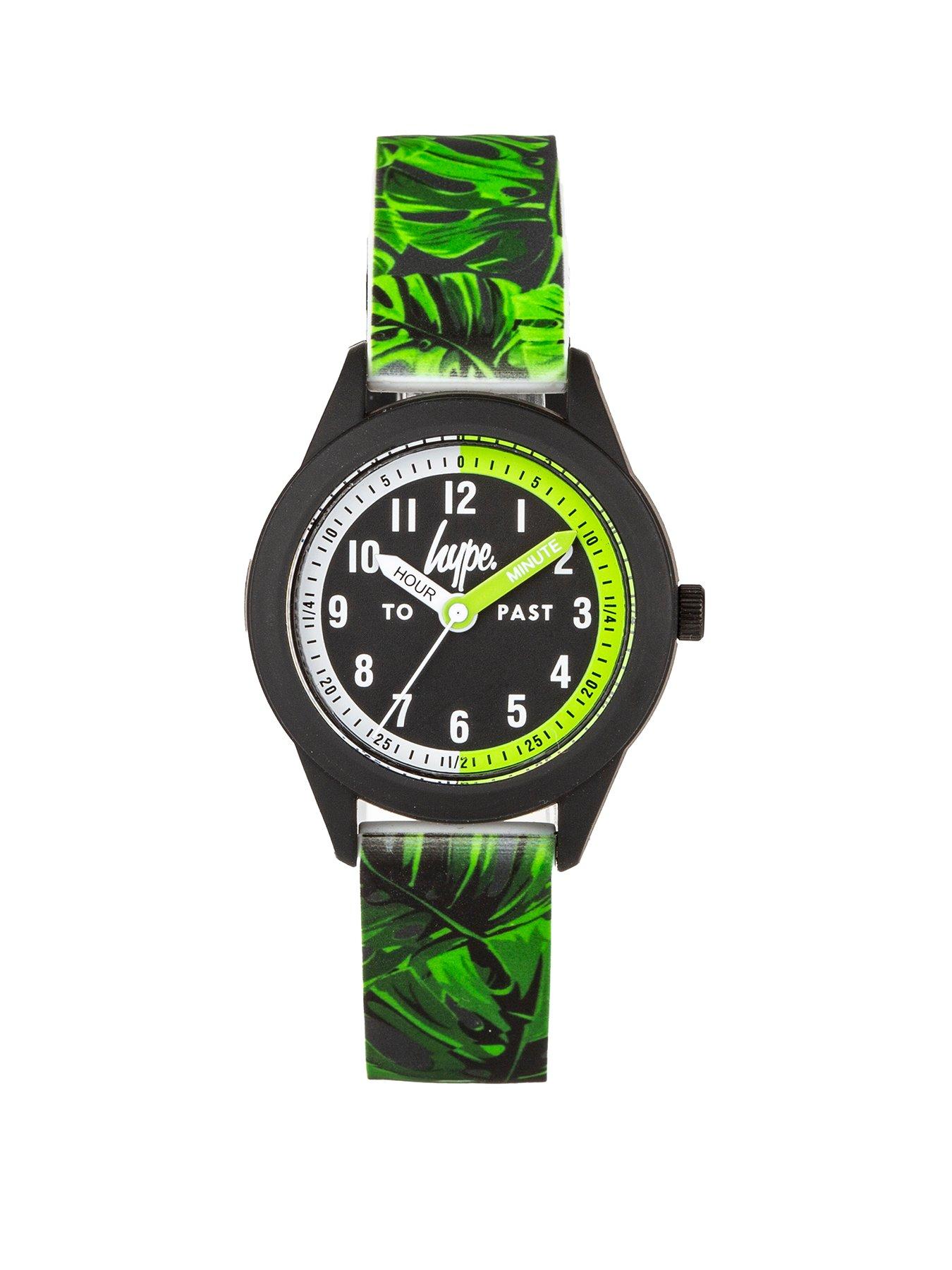 hype-green-leaf-pattern-silicone-strap-watch-with-black-dial