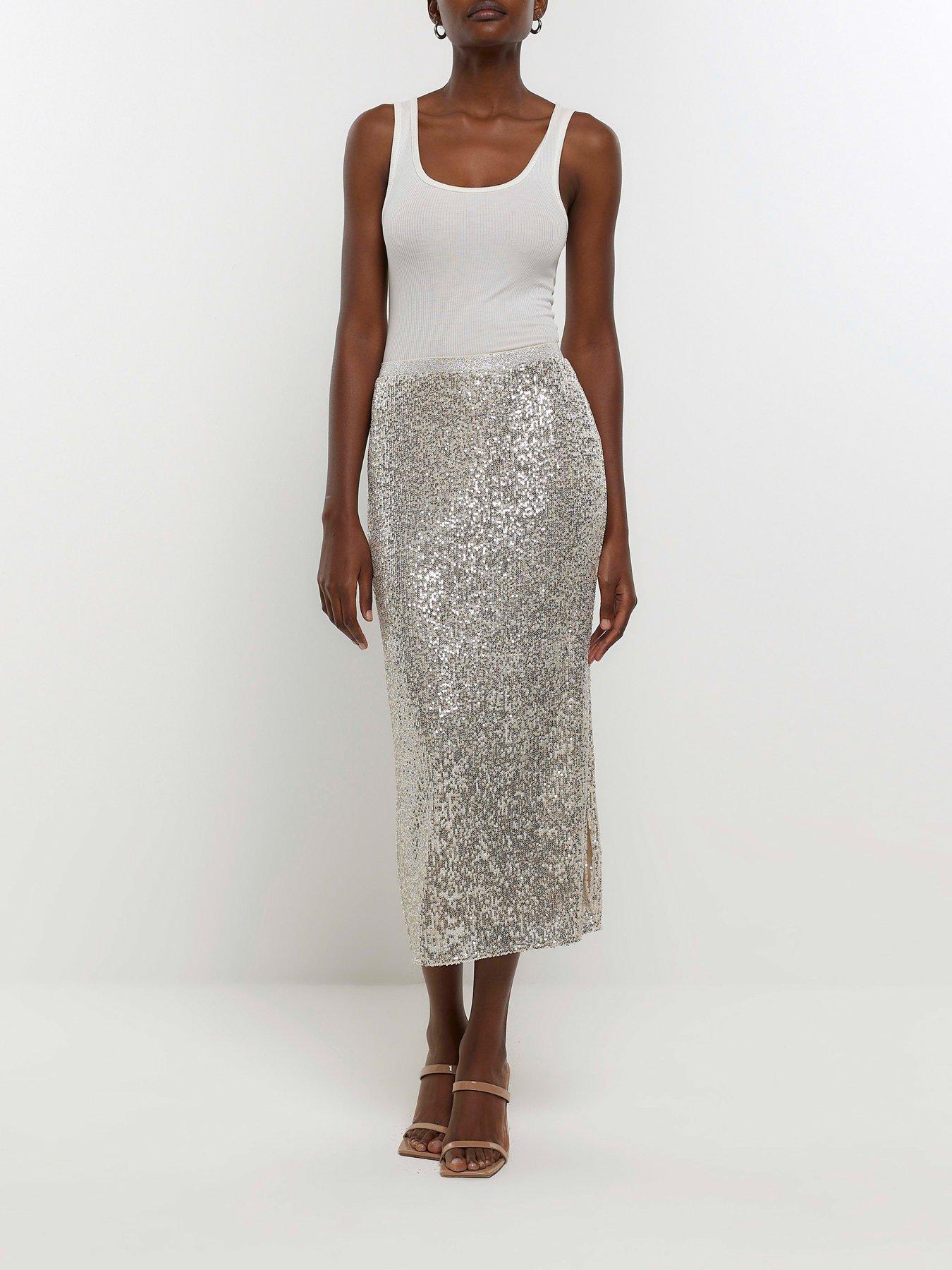 River Island Sequin Detail Midi Skirt Silver very