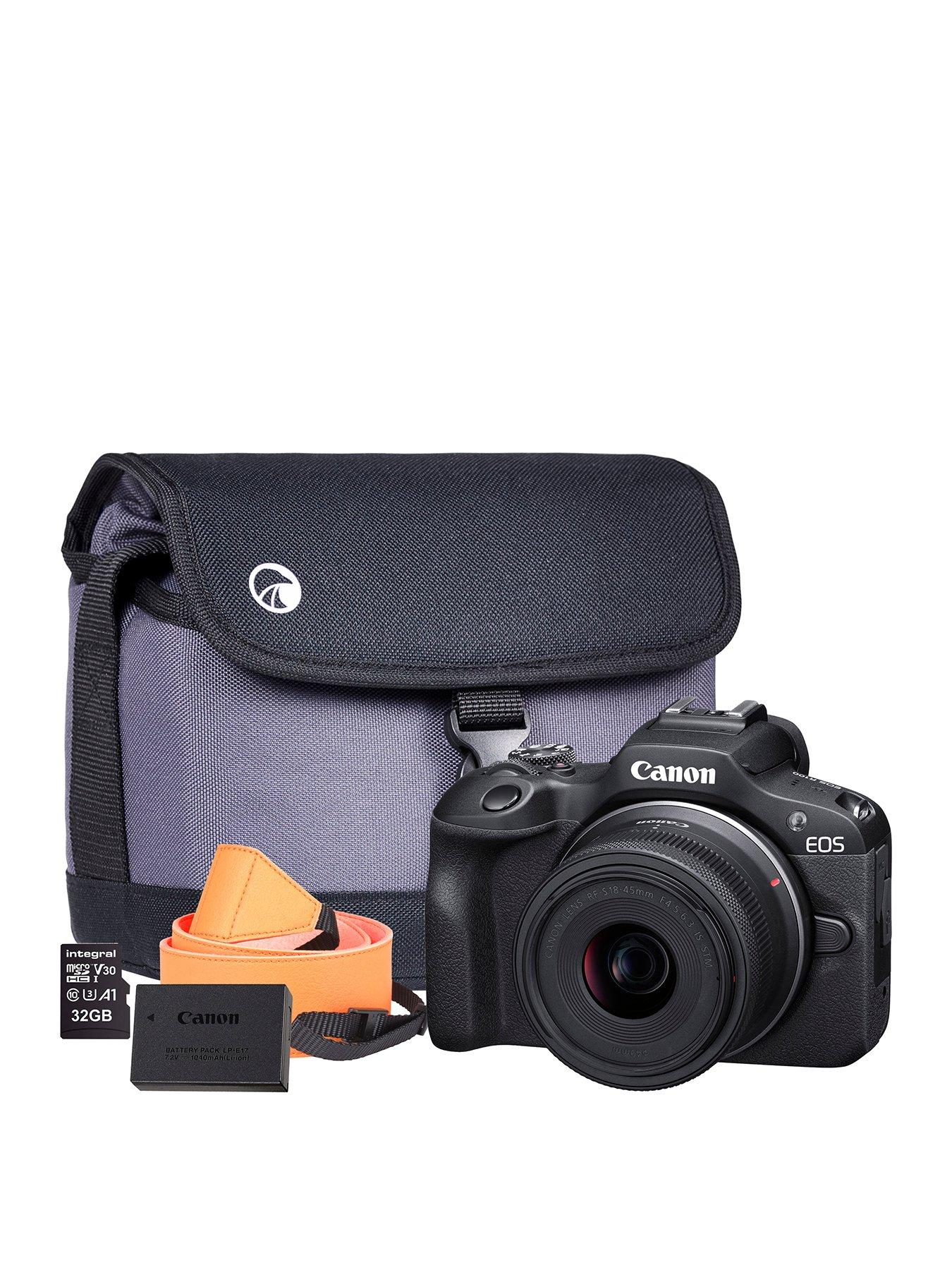 Canon EOS R100 APS-C Camera Kit inc RF-S 18-45mm Lens, 32GB SD Card, Additional LP-E17 Battery, Neck Strap  &  Case
