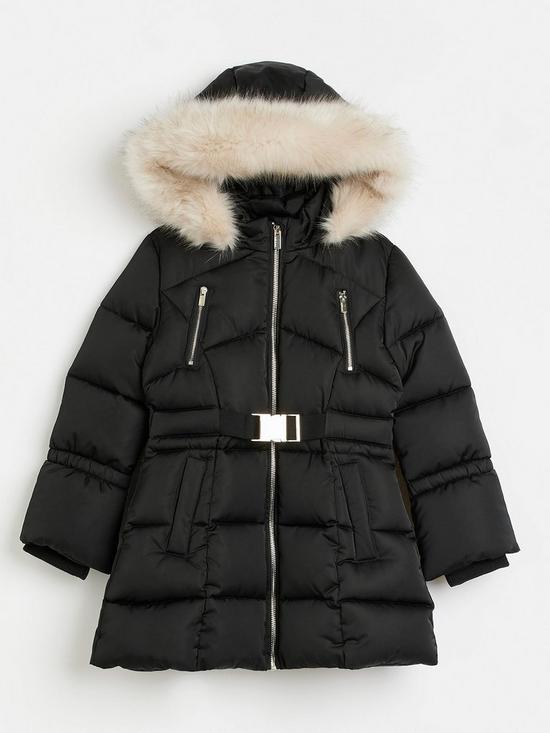front image of river-island-girls-hooded-faux-fur-trim-puffer-coat-black