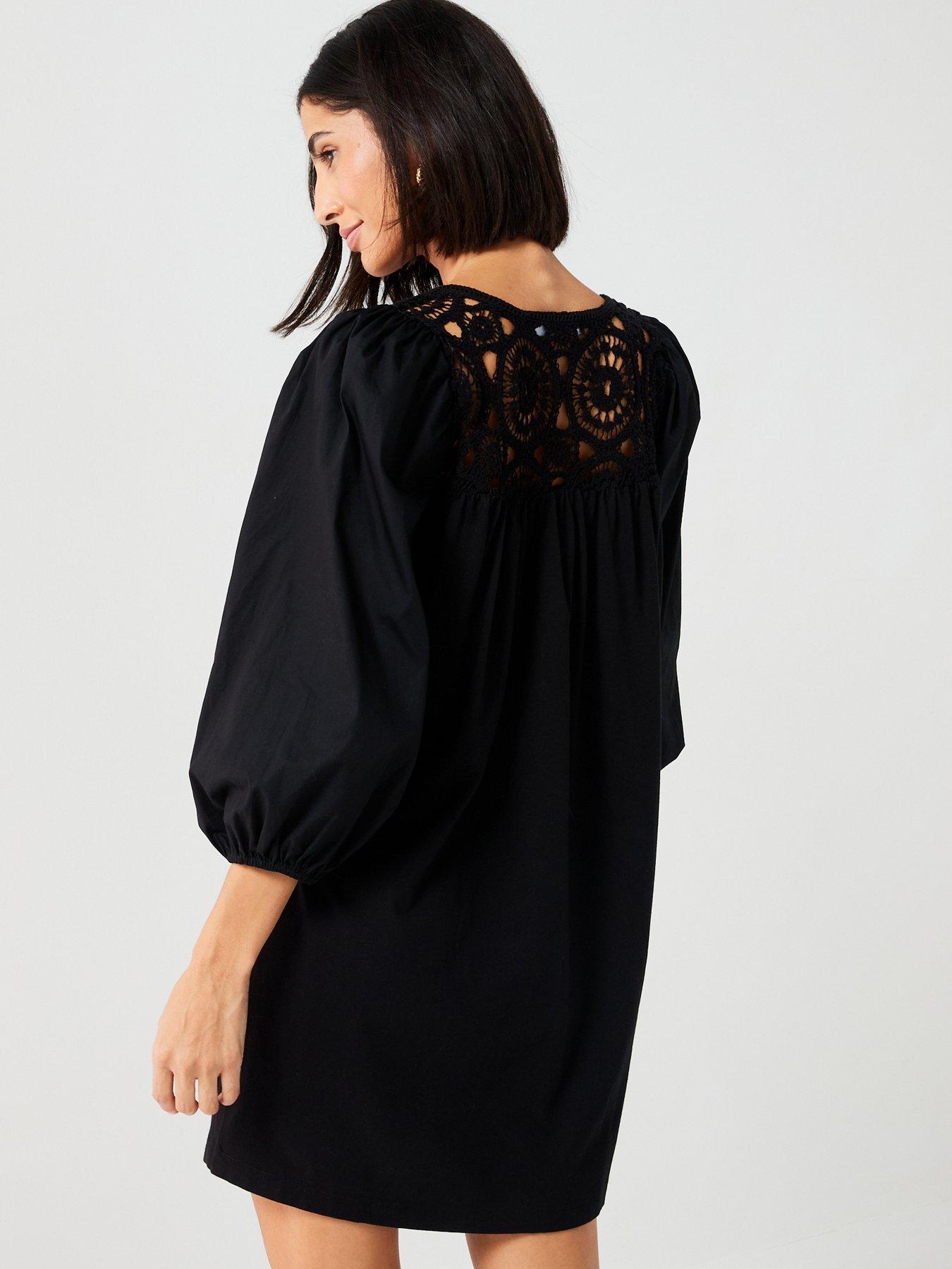 V by Very Long Sleeve Crochet Insert Mini Dress - Black | Very.co.uk