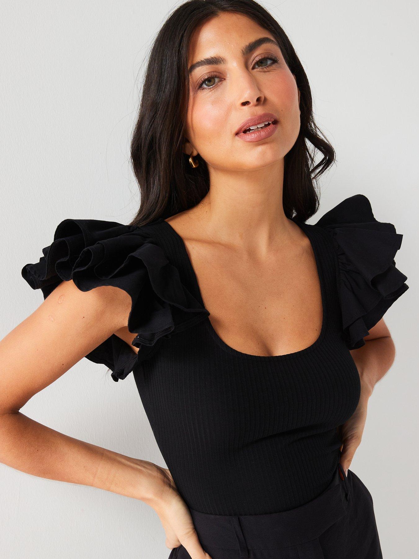 V by Very Woven Ruffle Scoop Neck Top - Black | Very.co.uk