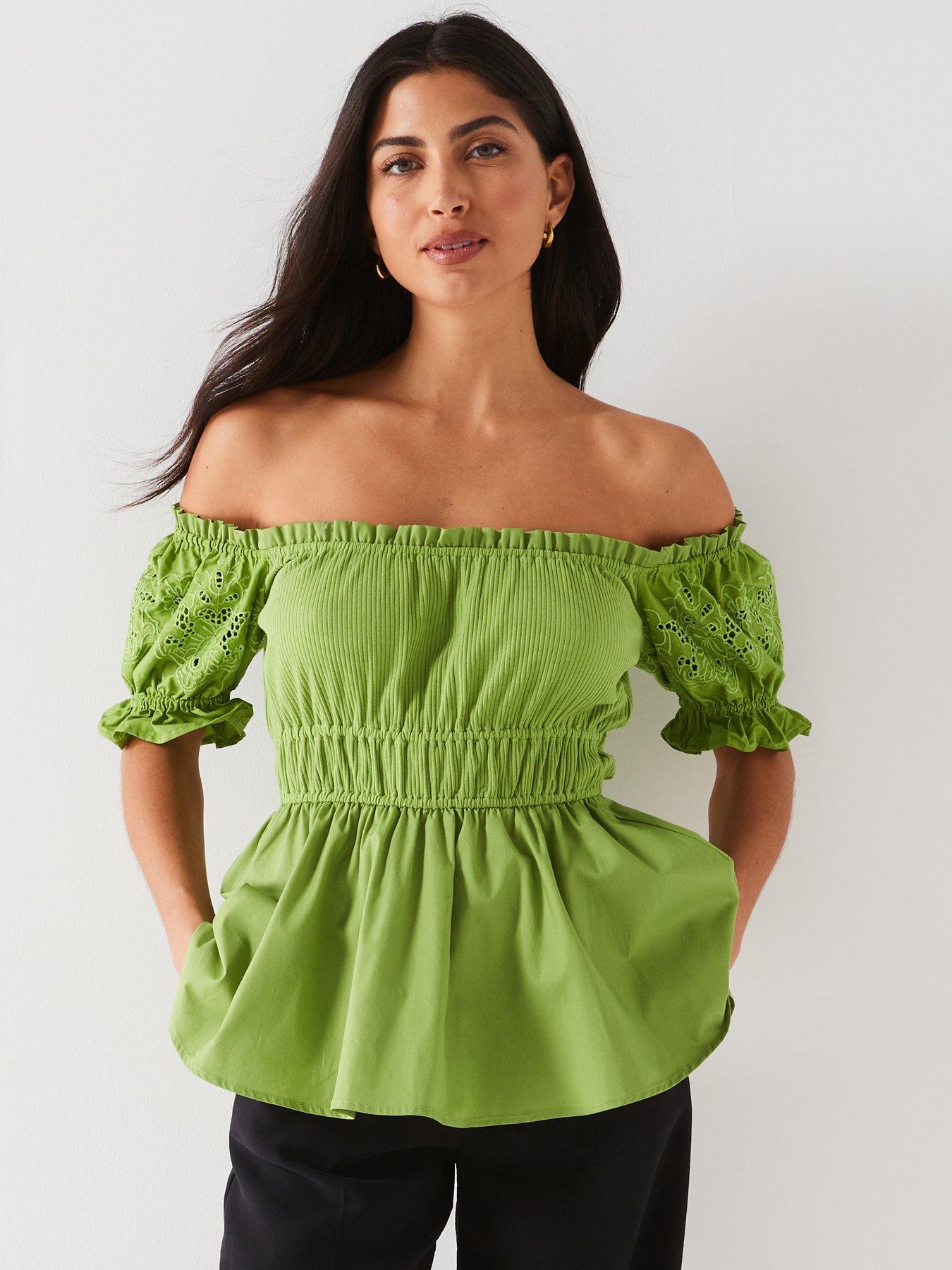 v by very broderie sleeve peplum top - green