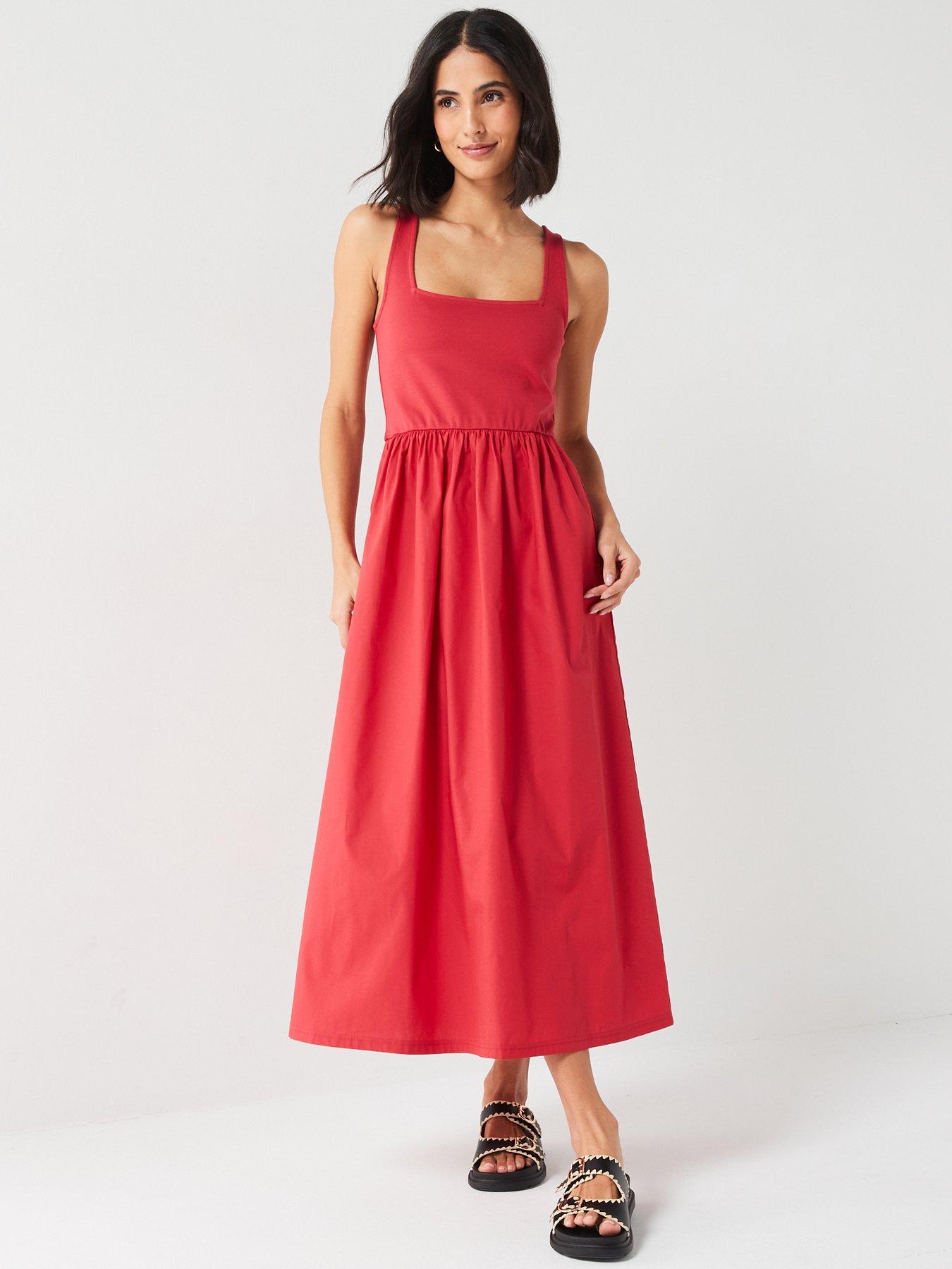 V by Very Square Neck Skater Midi Dress Red Very