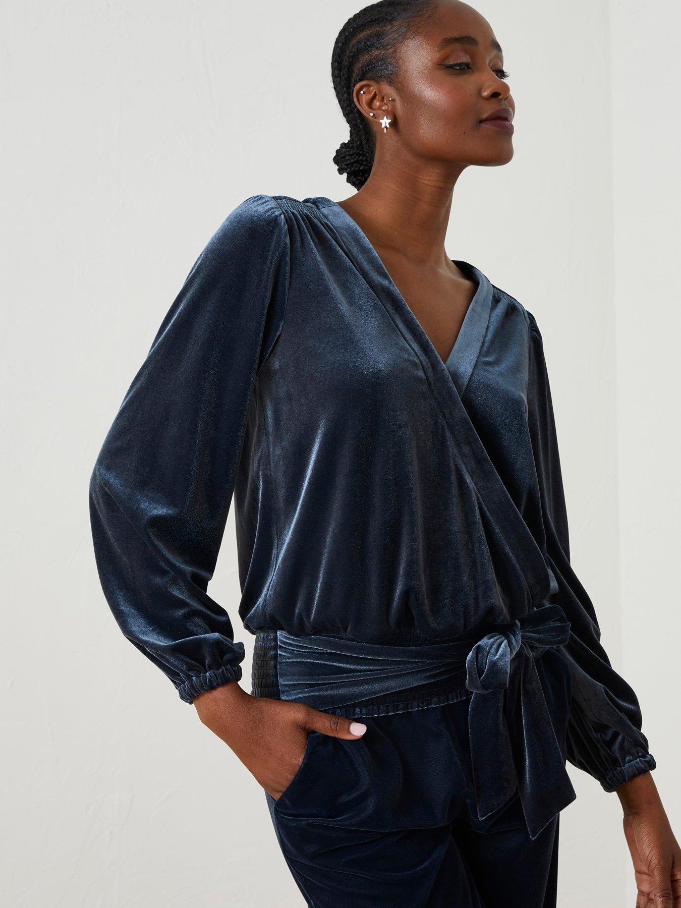 FatFace Reese Velvet Wrap Top - Dark Navy