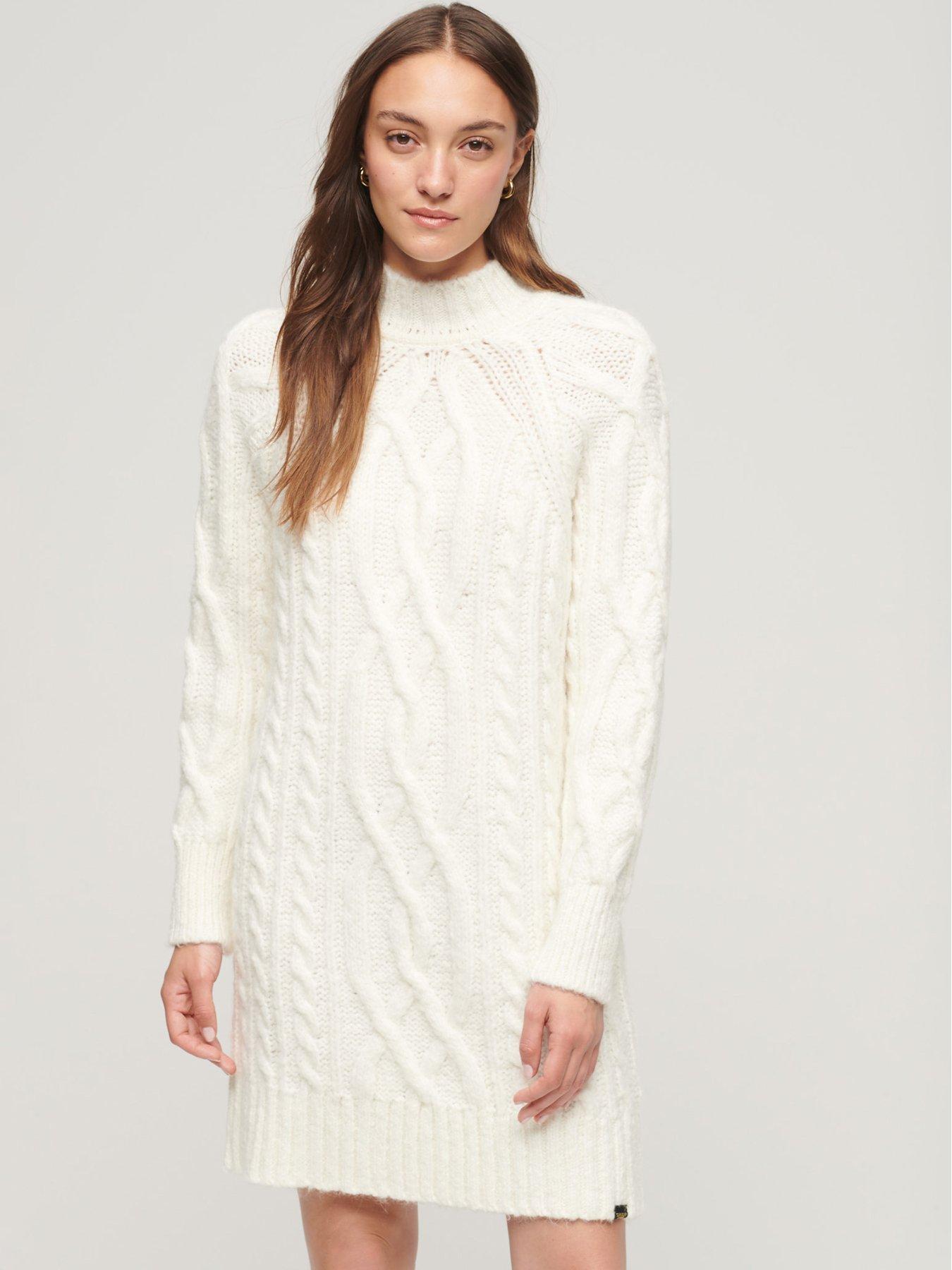 Superdry Cable Knit Mock Neck Jumper Dress - White | very.co.uk